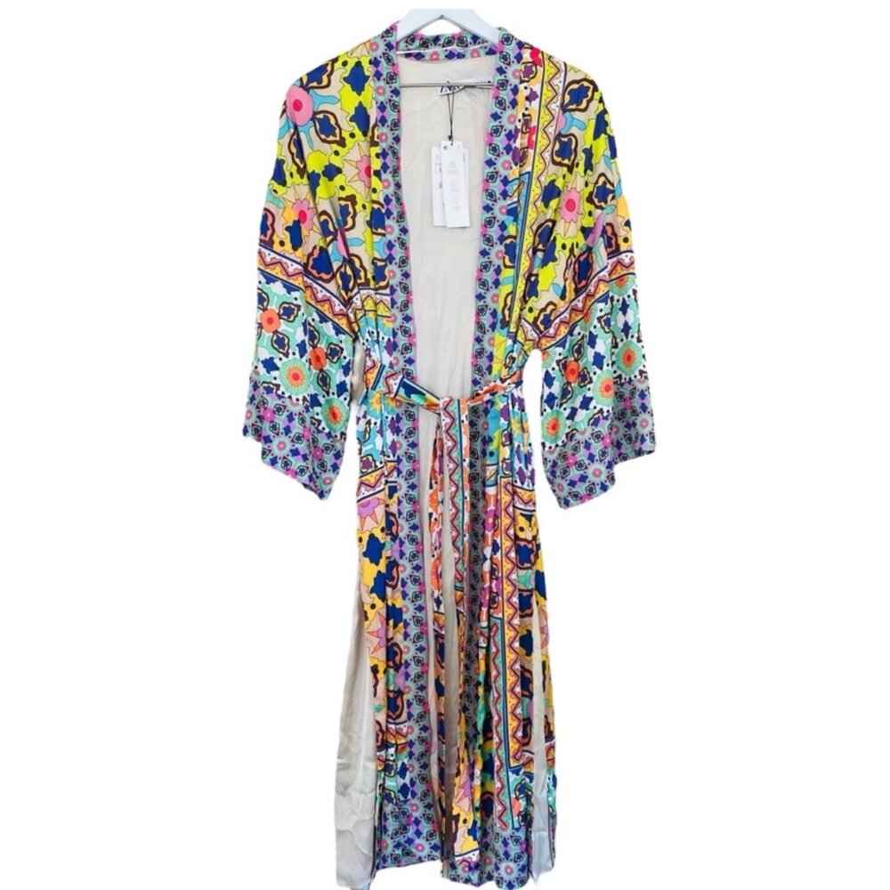 Zara NWT XS Satin Colorful Boho Vibes Floral Printed Belted Kimono Duster